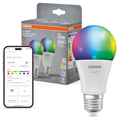 OSRAM SMART+ Lampadina RGB (confezione da 2, E27, 9W) – luce bianca regolabile + colori – compatibile con Matter via Wi-Fi – Alexa, Google, Apple OSRAM SMART+ Lampadina RGB (confezione da 2, E27, 9W) – luce bianca regolabile + colori – compatibile con Matter via Wi-Fi – Alexa, Google, Apple
