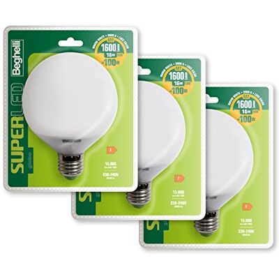 Beghelli Lampadina LED E27 Luce Calda, Lampadina Globo 16W, 1600lm, 3000K, 3 Pack da 1, Efficiente, Facile Installazione, Durata 15000 Ore, Gruppo Colore: Led, Taglia: 3 pz Beghelli Lampadina LED E27 Luce Calda, Lampadina Globo 16W, 1600lm, 3000K, 3 Pack da 1, Efficiente, Facile Installazione, Durata 15000 Ore, Gruppo Colore: Led, Taglia: 3 pz