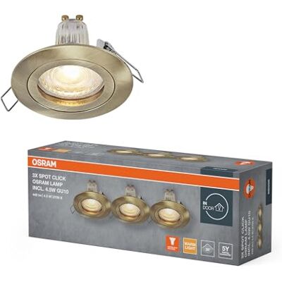 OSRAM Faretto da incasso LED Spot Set GU10 4,5W ottone patinato Click, bianco caldo 2700K, alluminio, montaggio a scatto, set da 3 OSRAM Faretto da incasso LED Spot Set GU10 4,5W ottone patinato Click, bianco caldo 2700K, alluminio, montaggio a scatto, set da 3