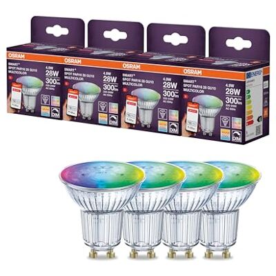 OSRAM SMART LED Spot PAR16 Riflettore GU10, 4,9W ZigBee 3.0, RGBW 16 milioni di colori, dimmerabile, controllo tramite app, Alexa,4-Pack OSRAM SMART LED Spot PAR16 Riflettore GU10, 4,9W ZigBee 3.0, RGBW 16 milioni di colori, dimmerabile, controllo tramite app, Alexa,4-Pack
