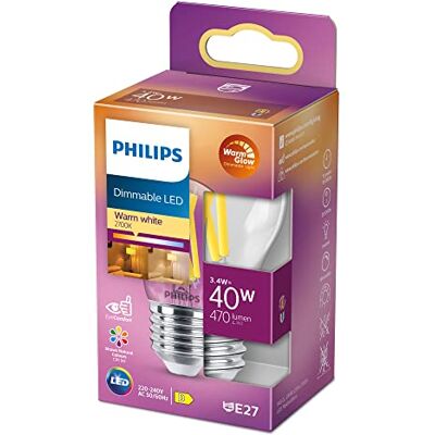 Philips LED Lampadina Candle & Lustre, Sfera, Filamento, WarmGlow, 3.4-40W, Dimmerabile, E27, 1 Pezzo Philips LED Lampadina Candle & Lustre, Sfera, Filamento, WarmGlow, 3.4-40W, Dimmerabile, E27, 1 Pezzo