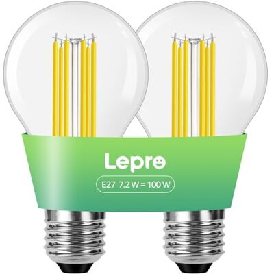 Lepro Lampadina LED E27 (Classe A), 7,2W Bianca Calda 2700K 1521LM, 2 Pcs 7,2 W Equivalente a 100 W, Angolo di Raggio 300°, Alto CRI>80, Lampadine a Risparmio Energetico non Dimmerabili Lepro Lampadina LED E27 (Classe A), 7,2W Bianca Calda 2700K 1521LM, 2 Pcs 7,2 W Equivalente a 100 W, Angolo di Raggio 300°, Alto CRI>80, Lampadine a Risparmio Energetico non Dimmerabili