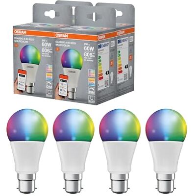 OSRAM SMART+ RGBW, lampada LED B22d con Matter over Wifi, appositamente progettata per ALEXA, sostituisce 60W, 2700-6500K, 16 milioni di colori RGB, confezione da 4 (non compatibile con app SMART+) OSRAM SMART+ RGBW, lampada LED B22d con Matter over Wifi, appositamente progettata per ALEXA, sostituisce 60W, 2700-6500K, 16 milioni di colori RGB, confezione da 4 (non compatibile con app SMART+)