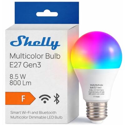 Shelly Multicolor Bulb E27 Gen3 Lampadina Smart WiFi LED RGBW, 9W, 800lm, 16 Milioni di Colori, Colore 2700K-6500K, Dimmerabile, Modalità Sicurezza, Controllo Vocale, Nessun Hub Richiesto Shelly Multicolor Bulb E27 Gen3 Lampadina Smart WiFi LED RGBW, 9W, 800lm, 16 Milioni di Colori, Colore 2700K-6500K, Dimmerabile, Modalità Sicurezza, Controllo Vocale, Nessun Hub Richiesto