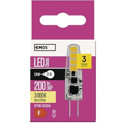 EMOS Lampadina a LED G4, 1,9 W, sostituisce 21 W, lampadina G4 Pin JC 12 V, luminosità 200 lm, luce bianca calda 3000 K, durata 30000 h, angolo di diffusione 300° EMOS Lampadina a LED G4, 1,9 W, sostituisce 21 W, lampadina G4 Pin JC 12 V, luminosità 200 lm, luce bianca calda 3000 K, durata 30000 h, angolo di diffusione 300°