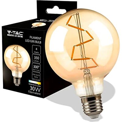 V-TAC Lampadina LED Filamento Ambrata G95 con Attacco E27-4W (Equivalenti a 30W) 350 Lumen Lampadine Vintage Retrò Massima Efficienza e Risparmio Energetico 2200K Bianca Calda V-TAC Lampadina LED Filamento Ambrata G95 con Attacco E27-4W (Equivalenti a 30W) 350 Lumen Lampadine Vintage Retrò Massima Efficienza e Risparmio Energetico 2200K Bianca Calda