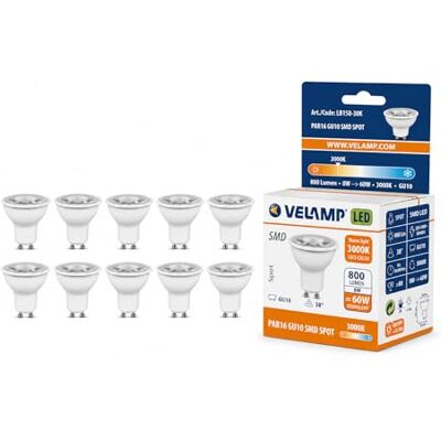 Velamp 10 Lampadine LED GU10, 8Watt Pari ad alogene da 60Watt, 800 lumen, Luce Bianca Calda 3000K, Angolo del Fascio di 38 Gradi, Lampadina LED Non Dimmerabile Velamp 10 Lampadine LED GU10, 8Watt Pari ad alogene da 60Watt, 800 lumen, Luce Bianca Calda 3000K, Angolo del Fascio di 38 Gradi, Lampadina LED Non Dimmerabile