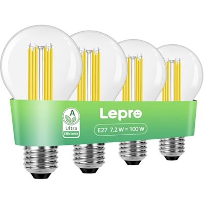 Lepro Lampadina LED E27 (Classe A), 7,2W Bianca Calda 2700K 1521LM, 4 Pcs 7,2 W Equivalente a 100 W, Angolo di Raggio 300°, Alto CRI>80, Lampadine a Risparmio Energetico non Dimmerabili Lepro Lampadina LED E27 (Classe A), 7,2W Bianca Calda 2700K 1521LM, 4 Pcs 7,2 W Equivalente a 100 W, Angolo di Raggio 300°, Alto CRI>80, Lampadine a Risparmio Energetico non Dimmerabili