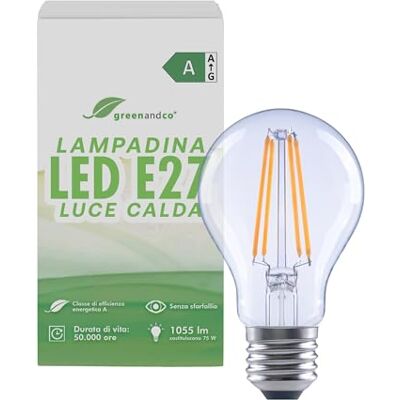 greenandco Lampadina LED E27 luce calda, trasparente, 5W 1055lm, A60 Lampadina E27 sostituisce 75W, 2700K, 320°, 230V, senza sfarfallio, classe energetica A, non dimmerabile greenandco Lampadina LED E27 luce calda, trasparente, 5W 1055lm, A60 Lampadina E27 sostituisce 75W, 2700K, 320°, 230V, senza sfarfallio, classe energetica A, non dimmerabile