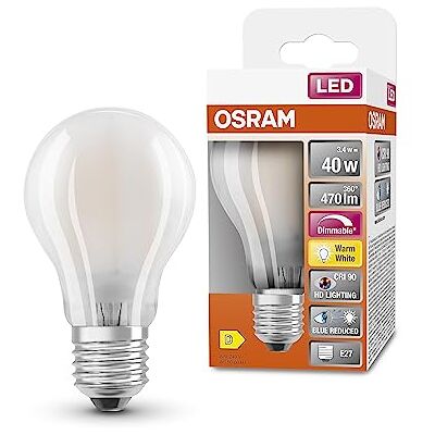 OSRAM Lampada LED SUPERSTAR+ CLASSIC A GLFR 40, E27, goccia, 3.4W, 470lm, 2700K, luce bianca calda, componente blu e affaticamento visivo notevolmente ridotti, dimmerabile, basso consumo energetico OSRAM Lampada LED SUPERSTAR+ CLASSIC A GLFR 40, E27, goccia, 3.4W, 470lm, 2700K, luce bianca calda, componente blu e affaticamento visivo notevolmente ridotti, dimmerabile, basso consumo energetico