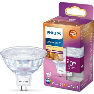 Philips LED Faretto Equivalente a 50W, Attacco GU5.3, Luce Bianca Calda, Dimmerabile, Fascio di Luce 36° Philips LED Faretto Equivalente a 50W, Attacco GU5.3, Luce Bianca Calda, Dimmerabile, Fascio di Luce 36°