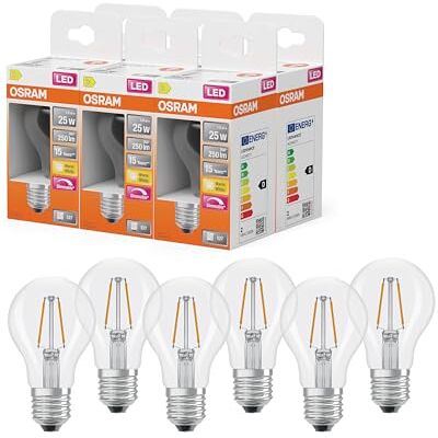 OSRAM Lampada LED Superstar A25 a forma di lampadina a filamento dimmerabile, bianco caldo 2700 K, 1,8 W, E27, trasparente, 250 lm, 15.000 h, per lampade da soffitto e da terra,6-Pack OSRAM Lampada LED Superstar A25 a forma di lampadina a filamento dimmerabile, bianco caldo 2700 K, 1,8 W, E27, trasparente, 250 lm, 15.000 h, per lampade da soffitto e da terra,6-Pack