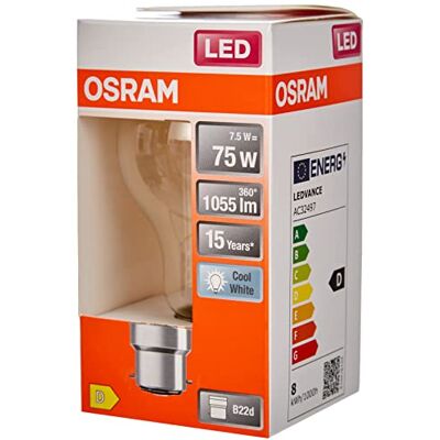 OSRAM Lampada LED, Attacco: B22d, Cool White, 4000 K, 7,50 W, sostituzione per 75 W Incandescent bulb, chiaro, ,Confezione da 6 OSRAM Lampada LED, Attacco: B22d, Cool White, 4000 K, 7,50 W, sostituzione per 75 W Incandescent bulb, chiaro, ,Confezione da 6