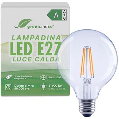greenandco Lampadina LED E27 luce calda, trasparente, 5W 1055lm, G95 Lampadina E27 sostituisce 75W, 2700K, 320°, 230V, senza sfarfallio, classe energetica A, non dimmerabile greenandco Lampadina LED E27 luce calda, trasparente, 5W 1055lm, G95 Lampadina E27 sostituisce 75W, 2700K, 320°, 230V, senza sfarfallio, classe energetica A, non dimmerabile
