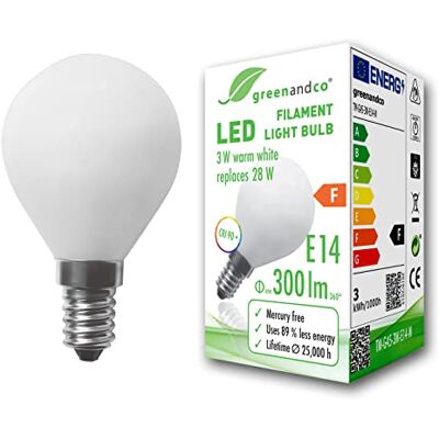 greenandco Lampadina a filamento LED IRC 90+ smerigliata E14 3W (equivalente 28W) 300lm 2700K (bianco caldo) 360° 230V AC Vetro, forma de globo, nessun sfarfallio, non dimmerabile greenandco Lampadina a filamento LED IRC 90+ smerigliata E14 3W (equivalente 28W) 300lm 2700K (bianco caldo) 360° 230V AC Vetro, forma de globo, nessun sfarfallio, non dimmerabile
