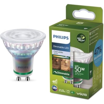 Philips Classic ultra-efficient LED bulb with energy efficiency class A, GU10 bulb, replaces 50W, cool white light, dimmable Philips Classic ultra-efficient LED bulb with energy efficiency class A, GU10 bulb, replaces 50W, cool white light, dimmable