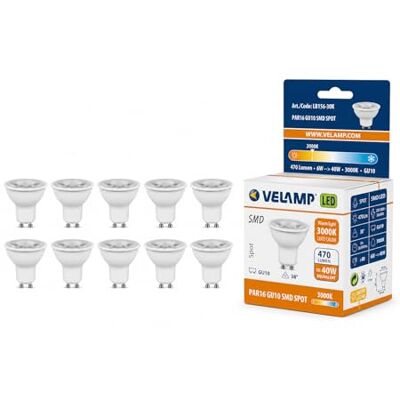 Velamp 10 Lampadine LED GU10, 6Watt Pari ad alogene da 40Watt, 470 lumen, Luce Bianca Calda 3000K, Angolo del Fascio di 38 Gradi, Lampadina LED Non Dimmerabile Velamp 10 Lampadine LED GU10, 6Watt Pari ad alogene da 40Watt, 470 lumen, Luce Bianca Calda 3000K, Angolo del Fascio di 38 Gradi, Lampadina LED Non Dimmerabile