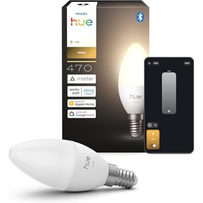 Philips Lampadina LED a candela Smart, B39, E14, Pacco da 1, Luce Bianco Caldo 2700 K, 470 lm, Regolazione della Luminosità bassa, Alexa, Google Home, Apple Home Philips Lampadina LED a candela Smart, B39, E14, Pacco da 1, Luce Bianco Caldo 2700 K, 470 lm, Regolazione della Luminosità bassa, Alexa, Google Home, Apple Home