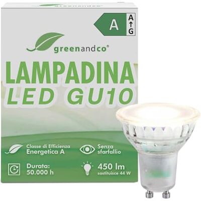 greenandco Faretto GU10 LED 3000K 2.5W 450lm, angolo del fascio 100° Lampadina GU10 LED bianco caldo, sostituisce 44W, efficienza energetica A, 230V, senza sfarfallio, non dimmerabile greenandco Faretto GU10 LED 3000K 2.5W 450lm, angolo del fascio 100° Lampadina GU10 LED bianco caldo, sostituisce 44W, efficienza energetica A, 230V, senza sfarfallio, non dimmerabile