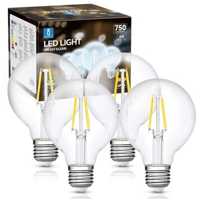 Aigostar Lampadina LED G80 Vintage Edison E27 6W Equivalenti a 57W, Luce Bianca 6500K, 750Lm, CRI>80, G80 Stile Vintage Lampadine Decorativo, Non Dimmerabile, Pacco da 4 Pezzi Aigostar Lampadina LED G80 Vintage Edison E27 6W Equivalenti a 57W, Luce Bianca 6500K, 750Lm, CRI>80, G80 Stile Vintage Lampadine Decorativo, Non Dimmerabile, Pacco da 4 Pezzi