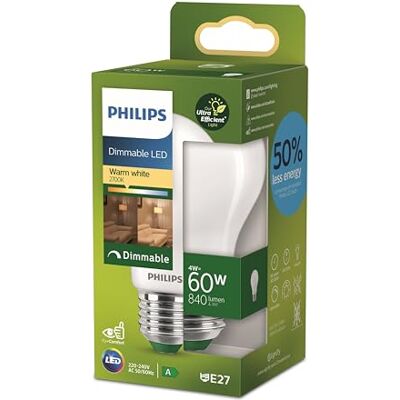 Philips Classic ultra-efficient LED bulb with energy efficiency class A, replaces 60W, E27 base, frosted, warm white light, dimmable Philips Classic ultra-efficient LED bulb with energy efficiency class A, replaces 60W, E27 base, frosted, warm white light, dimmable