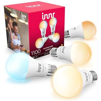 innr Lampadina Smart E27, per Hue* e hub Zigbee, Confezione da 4 LED, Luce Bianca Calda e Fredda, 2000K-6500K, 50% di Luce in Più, 1150 lumen, Dimmerabili innr Lampadina Smart E27, per Hue* e hub Zigbee, Confezione da 4 LED, Luce Bianca Calda e Fredda, 2000K-6500K, 50% di Luce in Più, 1150 lumen, Dimmerabili