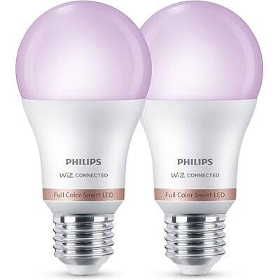 Philips , Lampadina LED A60 Smart RGB, 2 Pz, E27, 1.521 lm, Luce Bianca Regolabile e a Colori 2.200-6.500 K, Dimmerabile, Connected by WiZ, Alexa, Google Home, Apple Home, Luci Led Philips , Lampadina LED A60 Smart RGB, 2 Pz, E27, 1.521 lm, Luce Bianca Regolabile e a Colori 2.200-6.500 K, Dimmerabile, Connected by WiZ, Alexa, Google Home, Apple Home, Luci Led