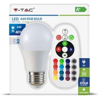 V-TAC Lampadina LED 6W, Bulb A60 Rgb+4000K con Telecomando Attacco E27 V-TAC Lampadina LED 6W, Bulb A60 Rgb+4000K con Telecomando Attacco E27