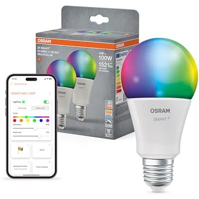 OSRAM SMART+ Lampadina RGB (confezione da 2, E27, 14W) – 16M colori – da bianco caldo a freddo – Matter via Wi-Fi – Alexa, Google, Apple OSRAM SMART+ Lampadina RGB (confezione da 2, E27, 14W) – 16M colori – da bianco caldo a freddo – Matter via Wi-Fi – Alexa, Google, Apple
