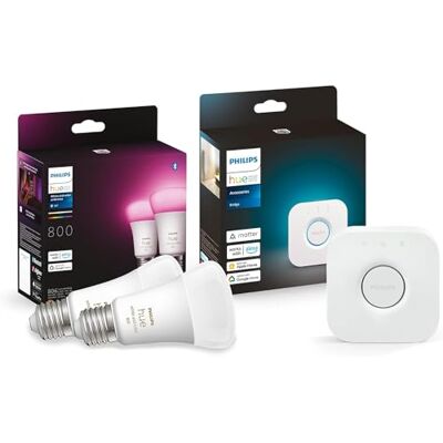 Philips White and Color Ambiance Lampadina Smart 2 Pezzi, Attacco E27 Hue Bridge, Centro di Controllo del Sistema Hue Philips White and Color Ambiance Lampadina Smart 2 Pezzi, Attacco E27 Hue Bridge, Centro di Controllo del Sistema Hue