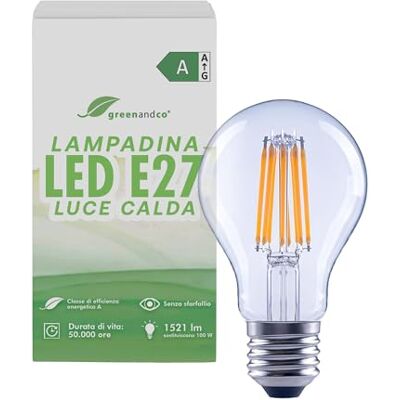 greenandco Lampadina LED E27 luce calda, trasparente, 7.2W 1521lm, A60 Lampadina E27 sostituisce 100W, 3000K, 320°, 230V, senza sfarfallio, classe energetica A, non dimmerabile greenandco Lampadina LED E27 luce calda, trasparente, 7.2W 1521lm, A60 Lampadina E27 sostituisce 100W, 3000K, 320°, 230V, senza sfarfallio, classe energetica A, non dimmerabile