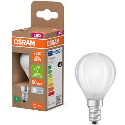 OSRAM dalla classica forma mini-sferica, con filamento LED decorativo dal design satinato, classe di efficienza energetica A, E14, 1,2 W, 255 lm, 4000 K, bianco freddo. confezione da 6 OSRAM dalla classica forma mini-sferica, con filamento LED decorativo dal design satinato, classe di efficienza energetica A, E14, 1,2 W, 255 lm, 4000 K, bianco freddo. confezione da 6