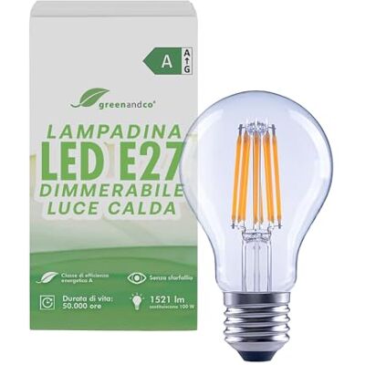 greenandco Lampadina dimmerabile e27, trasparente, 7.2W 1521lm, A60 Lampadina LED E27 sostituisce 100W, luce calda 3000K, 320°, 230V, senza sfarfallio, classe energetica A greenandco Lampadina dimmerabile e27, trasparente, 7.2W 1521lm, A60 Lampadina LED E27 sostituisce 100W, luce calda 3000K, 320°, 230V, senza sfarfallio, classe energetica A