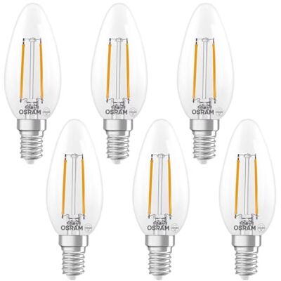OSRAM Lampada LED Superstar B25 a forma di candela, dimmerabile, bianco caldo 2700 K, 1,8 W, E14, trasparente, 250 lm, 15.000 ore, per lampadari, lampade da comodino,6-Pack OSRAM Lampada LED Superstar B25 a forma di candela, dimmerabile, bianco caldo 2700 K, 1,8 W, E14, trasparente, 250 lm, 15.000 ore, per lampadari, lampade da comodino,6-Pack