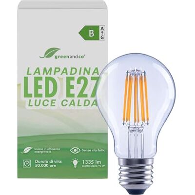 greenandco Lampadina E27 3000K, trasparente, 7.2W 1335lm, CRI 90+, A60 Lampadina LED E27 sostituisce 90W, luce calda, 320°, 230V, senza sfarfallio, classe energetica B, non dimmerabile greenandco Lampadina E27 3000K, trasparente, 7.2W 1335lm, CRI 90+, A60 Lampadina LED E27 sostituisce 90W, luce calda, 320°, 230V, senza sfarfallio, classe energetica B, non dimmerabile