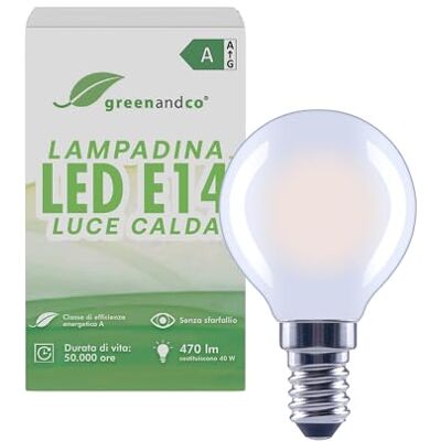 greenandco Lampadina LED E14 luce calda, smerigliata, 2.2W 470lm, G45 Lampadina E14 sostituisce 40W, 2700K, 320°, 230V, senza sfarfallio, classe energetica A, non dimmerabile greenandco Lampadina LED E14 luce calda, smerigliata, 2.2W 470lm, G45 Lampadina E14 sostituisce 40W, 2700K, 320°, 230V, senza sfarfallio, classe energetica A, non dimmerabile