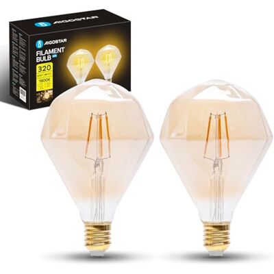 Aigostar Lampadina LED E27 4W, Luce Calda 1800K, 320 Lumen, Decorativa: Diamante, Lampadina Vintage Tipo Edison Con Filamento, Colore Ambrato, Non dimmerabile, Confezione da 2 Pezzi Aigostar Lampadina LED E27 4W, Luce Calda 1800K, 320 Lumen, Decorativa: Diamante, Lampadina Vintage Tipo Edison Con Filamento, Colore Ambrato, Non dimmerabile, Confezione da 2 Pezzi
