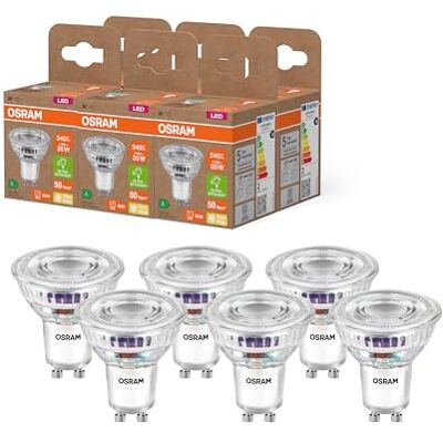 OSRAM LED Energy Class PAR16 da 1,3 W, 240 lm, bianco caldo (2700 K) in vetro trasparente senza piombo con attacco GU10 in classe di efficienza energetica A, diametro 50 mm, IP20.6 confezione OSRAM LED Energy Class PAR16 da 1,3 W, 240 lm, bianco caldo (2700 K) in vetro trasparente senza piombo con attacco GU10 in classe di efficienza energetica A, diametro 50 mm, IP20.6 confezione