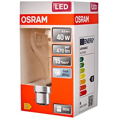 OSRAM Lampada LED, Attacco: B22d, Cool White, 4000 K, 4 W, sostituzione per 40 W Incandescent bulb, chiaro, ,Confezione da 6 OSRAM Lampada LED, Attacco: B22d, Cool White, 4000 K, 4 W, sostituzione per 40 W Incandescent bulb, chiaro, ,Confezione da 6