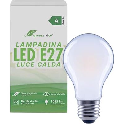 greenandco Lampadina LED E27 luce calda, smerigliata, 5W 1055lm, A60 Lampadina E27 sostituisce 75W, 2700K, 320°, 230V, senza sfarfallio, classe energetica A, non dimmerabile greenandco Lampadina LED E27 luce calda, smerigliata, 5W 1055lm, A60 Lampadina E27 sostituisce 75W, 2700K, 320°, 230V, senza sfarfallio, classe energetica A, non dimmerabile