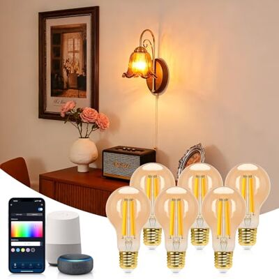 Aigostar Lampadine WiFi Alexa E27 Smart Lampadina Edison LED A60 6W 806lm Lampadine Smart Retrò Dimmerabile 2700K-6500K bianco freddo caldo, Compatibile Con Alexa, Google Home, ambra 6 pezzi Aigostar Lampadine WiFi Alexa E27 Smart Lampadina Edison LED A60 6W 806lm Lampadine Smart Retrò Dimmerabile 2700K-6500K bianco freddo caldo, Compatibile Con Alexa, Google Home, ambra 6 pezzi
