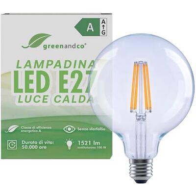 greenandco Lampadina LED E27 luce calda, trasparente, 7.2W 1521lm, G125 Lampadina E27 sostituisce 100W, 3000K, 320°, 230V, senza sfarfallio, classe energetica A, non dimmerabile greenandco Lampadina LED E27 luce calda, trasparente, 7.2W 1521lm, G125 Lampadina E27 sostituisce 100W, 3000K, 320°, 230V, senza sfarfallio, classe energetica A, non dimmerabile