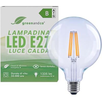 greenandco Lampadina E27 3000K, trasparente, 7.2W 1335lm, CRI 90+, G125 Lampadina LED E27 sostituisce 90W, luce calda, 320°, 230V, senza sfarfallio, classe energetica B, non dimmerabile greenandco Lampadina E27 3000K, trasparente, 7.2W 1335lm, CRI 90+, G125 Lampadina LED E27 sostituisce 90W, luce calda, 320°, 230V, senza sfarfallio, classe energetica B, non dimmerabile