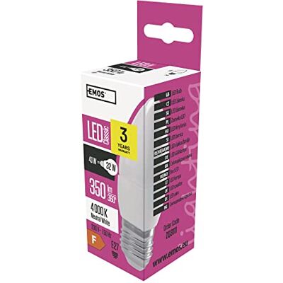 EMOS a +, Lampadina a LED Classic Candle, Bianco neutro, Vetro, 4 W, E27, Trasparente, 4 x 11 cm EMOS a +, Lampadina a LED Classic Candle, Bianco neutro, Vetro, 4 W, E27, Trasparente, 4 x 11 cm