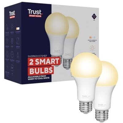 Trust WiFi E27 Lampadina Smart Dimmerabile, Compatibile con Alexa e Google Nest, Lampadina LED E27, Hub non Necessario, 2.4GHz Lampada WiFi, Luce LED Bianca, Luce Fredda e Calda 2 Pezzi Trust WiFi E27 Lampadina Smart Dimmerabile, Compatibile con Alexa e Google Nest, Lampadina LED E27, Hub non Necessario, 2.4GHz Lampada WiFi, Luce LED Bianca, Luce Fredda e Calda 2 Pezzi