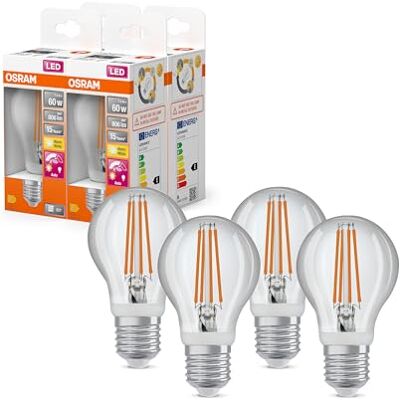 OSRAM LED Star Classicsensore di movimento e sensore di luce diurna, forma a lampadina, 7,3 W / 806 lm, EEK A, luce bianca calda (2700 K), in vetro senza piombo trasparente, E27, 60 mm DM, conf da 4 OSRAM LED Star Classicsensore di movimento e sensore di luce diurna, forma a lampadina, 7,3 W / 806 lm, EEK A, luce bianca calda (2700 K), in vetro senza piombo trasparente, E27, 60 mm DM, conf da 4