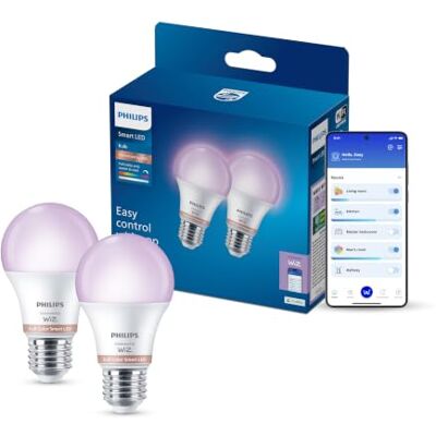 Philips Smart Lighting Lampadina intelligente, A60, E27, RGB, Conf. da 2 Luce bianca regolabile e a colori 2.200-6.500 K, LED intelligente, 806 lm, Reg. minima, Connected by WiZ, Casa intelligente Philips Smart Lighting Lampadina intelligente, A60, E27, RGB, Conf. da 2 Luce bianca regolabile e a colori 2.200-6.500 K, LED intelligente, 806 lm, Reg. minima, Connected by WiZ, Casa intelligente