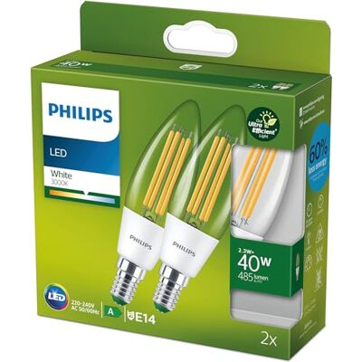Philips LED Lampadina Classe A Ultra Efficiente a Risparmio Energetico, 40W, 2 Pezzi, Luce Naturale, Attacco E14 Philips LED Lampadina Classe A Ultra Efficiente a Risparmio Energetico, 40W, 2 Pezzi, Luce Naturale, Attacco E14