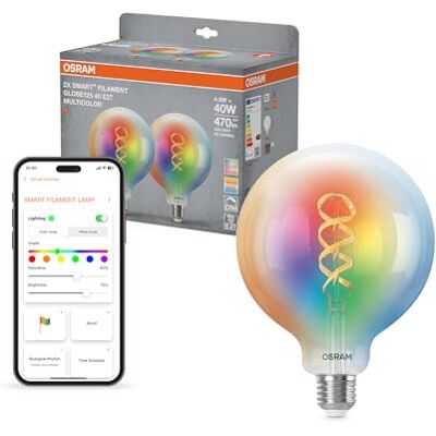 OSRAM SMART+ Globe a filamento RGB (confezione da 2, E27, 5W) – RGB + bianco caldo/freddo – compatibile con Matter via Wi-Fi – Alexa, Google, Apple OSRAM SMART+ Globe a filamento RGB (confezione da 2, E27, 5W) – RGB + bianco caldo/freddo – compatibile con Matter via Wi-Fi – Alexa, Google, Apple