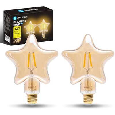 Aigostar Lampadina LED E27 4W, Luce Calda 1800K, 320 Lumen, Decorativa: Stella, Lampadina Vintage Tipo Edison Con Filamento, Colore Ambrato, Non dimmerabile, Confezione da 2 Pezzi Aigostar Lampadina LED E27 4W, Luce Calda 1800K, 320 Lumen, Decorativa: Stella, Lampadina Vintage Tipo Edison Con Filamento, Colore Ambrato, Non dimmerabile, Confezione da 2 Pezzi